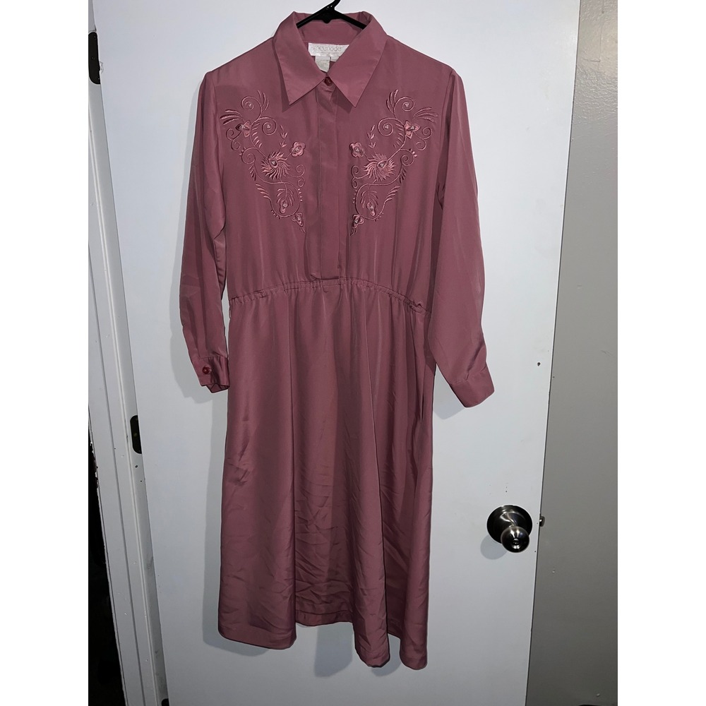 Maurada Womens Mauve Pink Embroidered Long Sleeve Midi Dress Size 8P